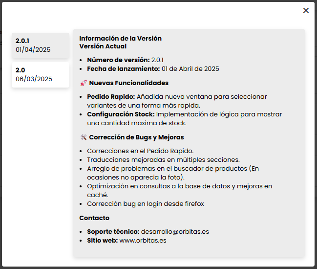Pantalla Informacion de la Version