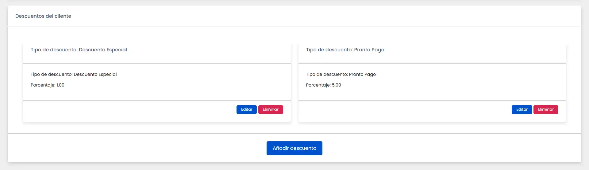 Pantalla Descuentos del cliente