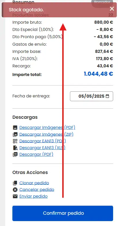 Confirmar pedido sin stock