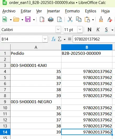 Descarga en formato EAN13 XLS