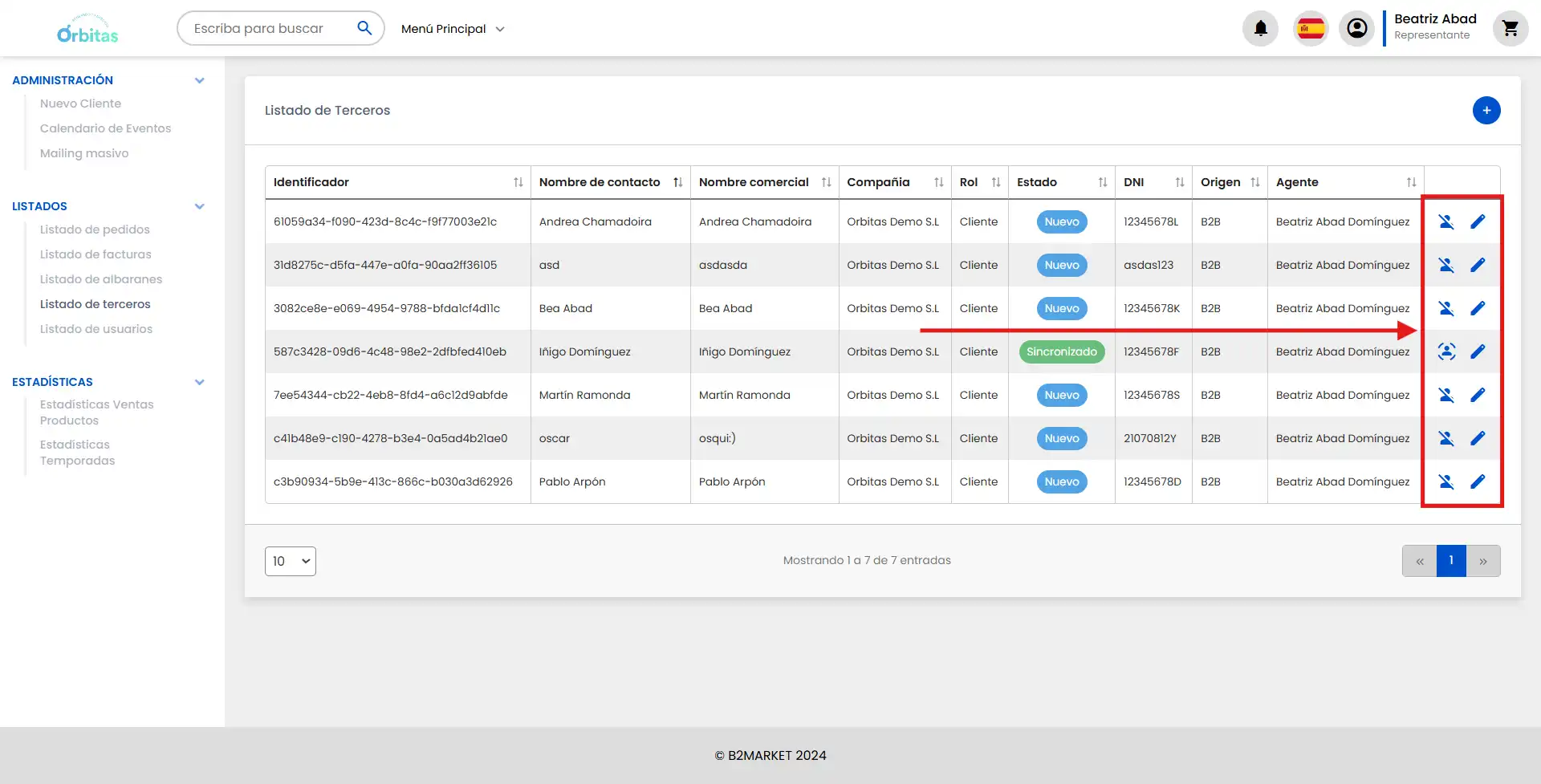 Iconos para editar los clientes