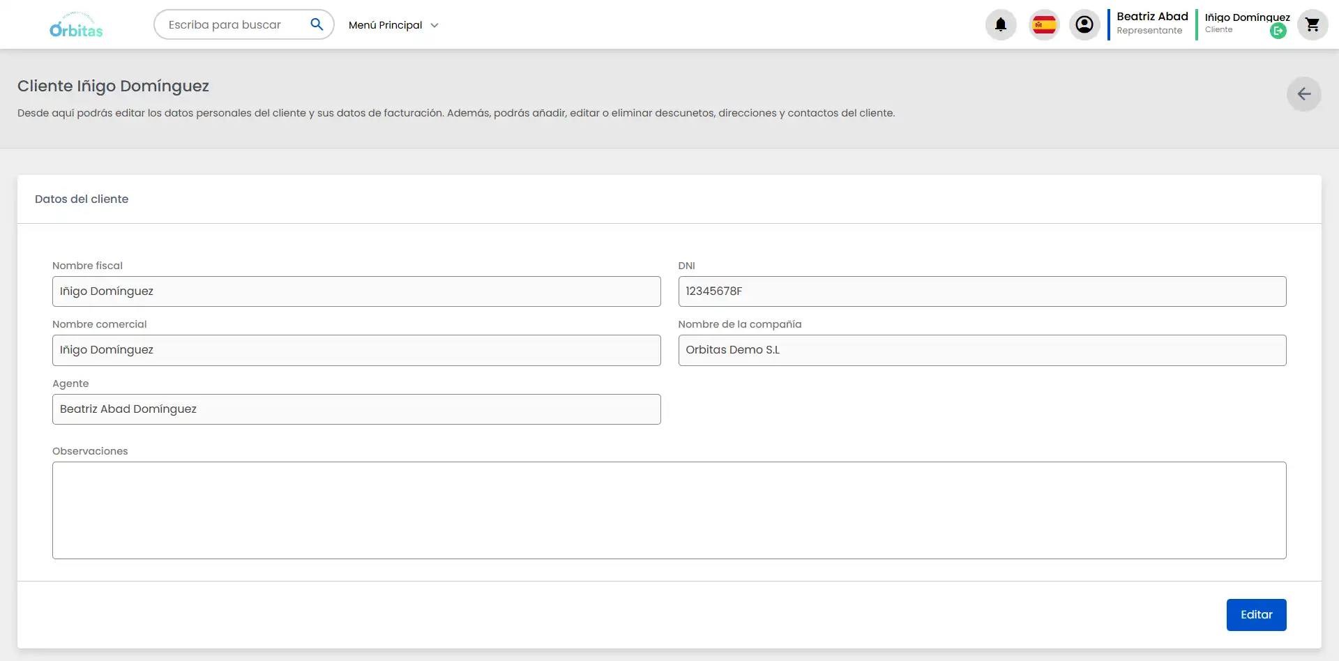 Pantalla Datos del cliente