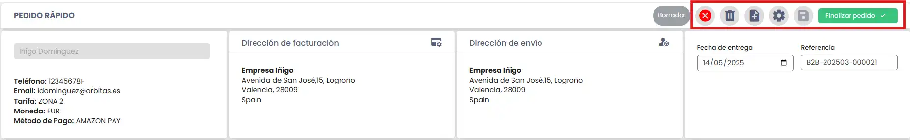 Opciones dirección envío