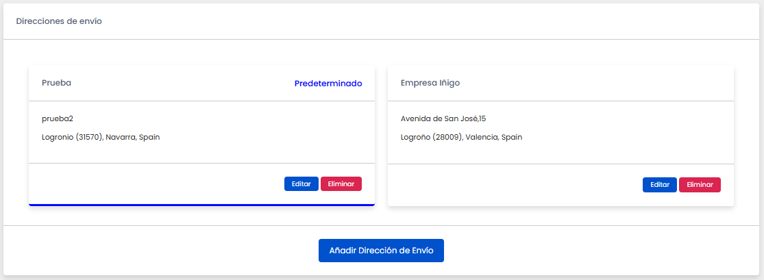 Apartado Direcciones de envío