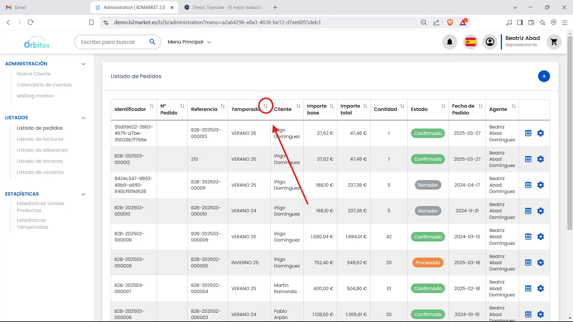 Icono para ordenar el listado