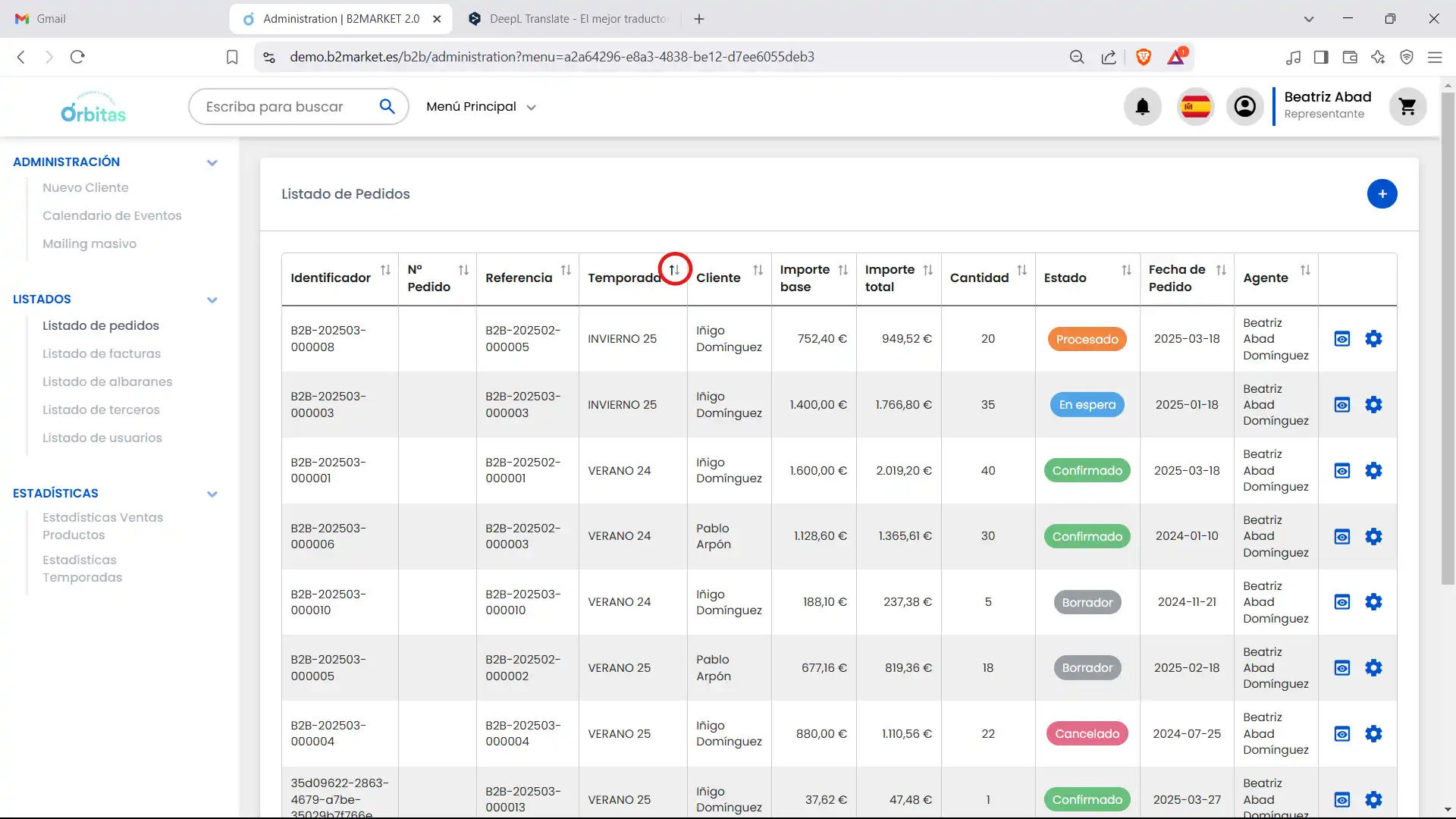 Listado en orden ascendente
