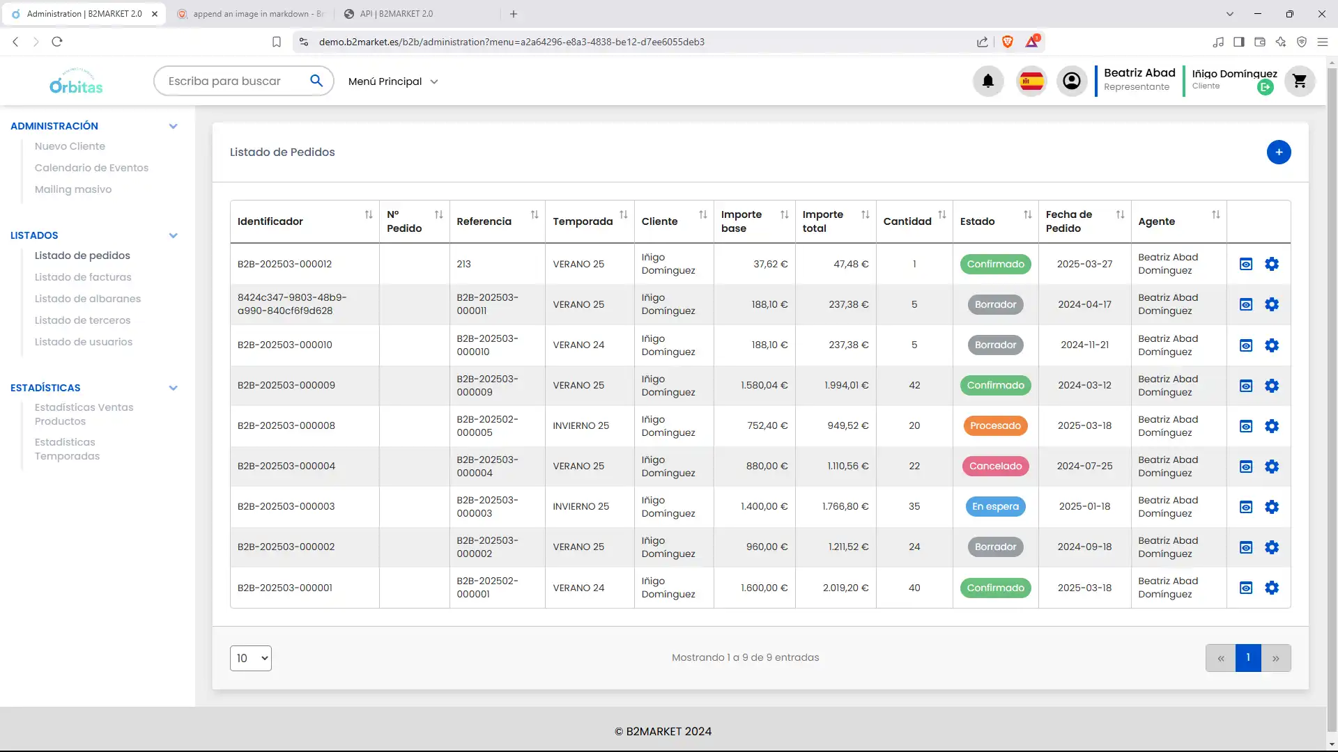 Pantalla listado pedidos