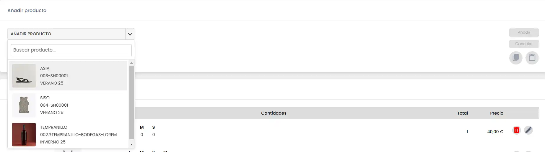 Seleccionar producto en el desplegable