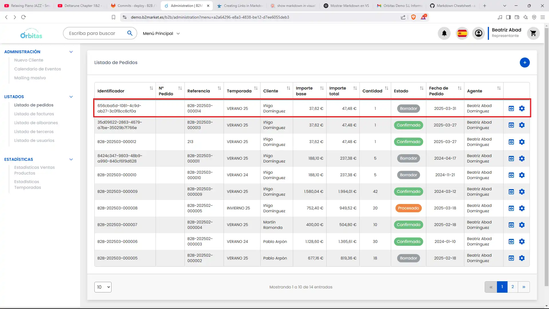 Pantalla con el pedido clonado