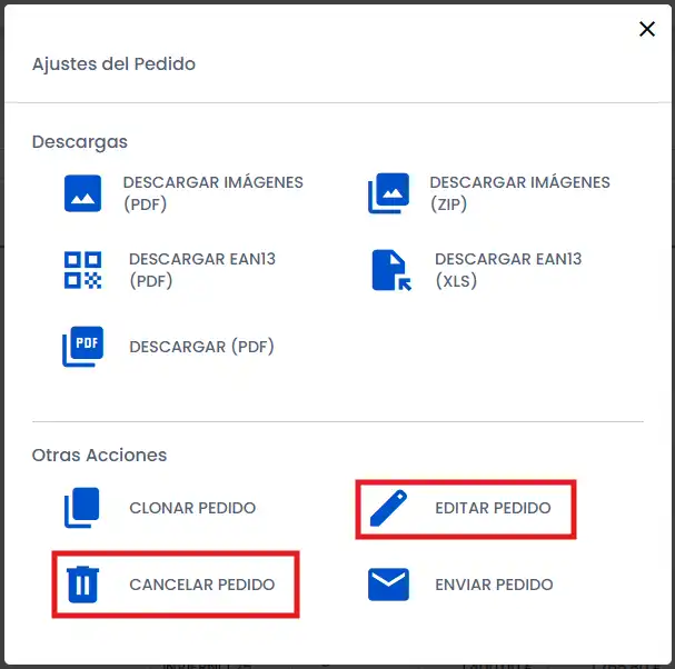 Más opciones pedido