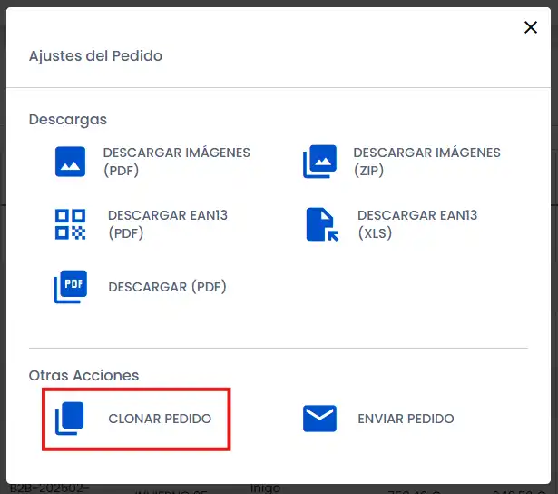 Configuración clonar pedido icono